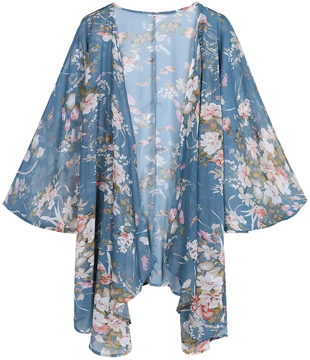 olrain Women's Floral Print Sheer Chiffon Loose Kimono Cardigan Capes