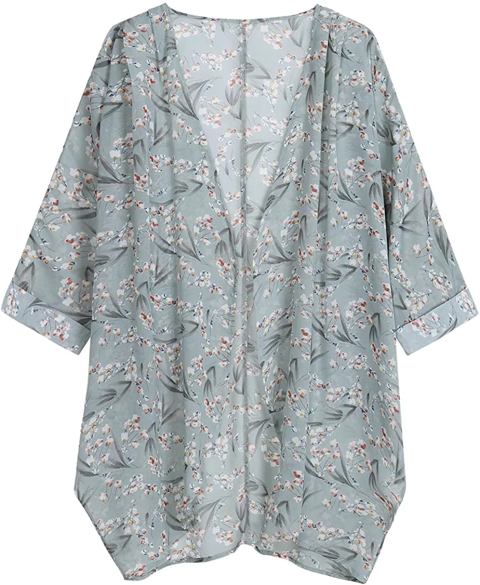 olrain Women's Floral Print Sheer Chiffon Loose Kimono Cardigan Capes