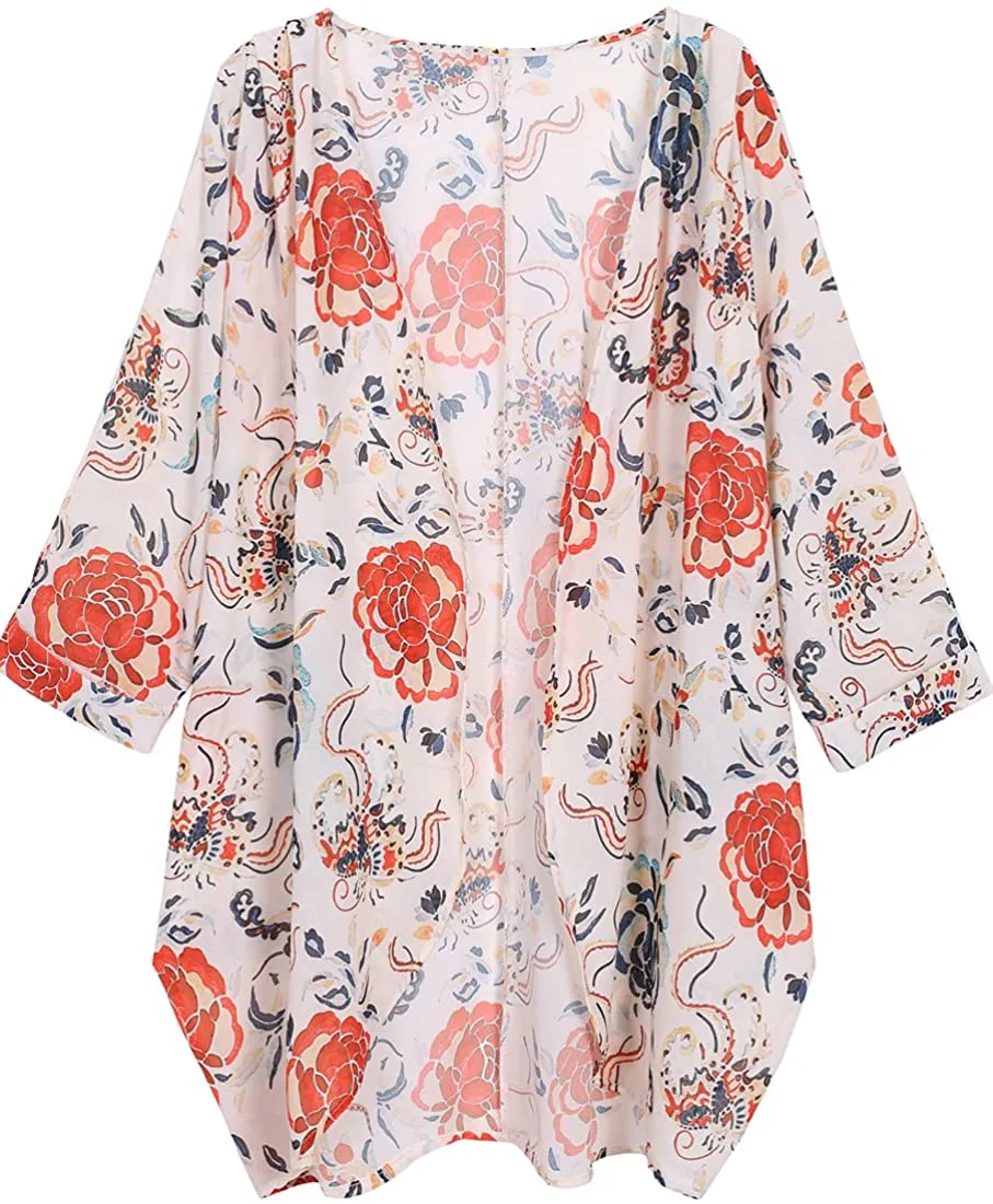 olrain Women's Floral Print Sheer Chiffon Loose Kimono Cardigan Capes