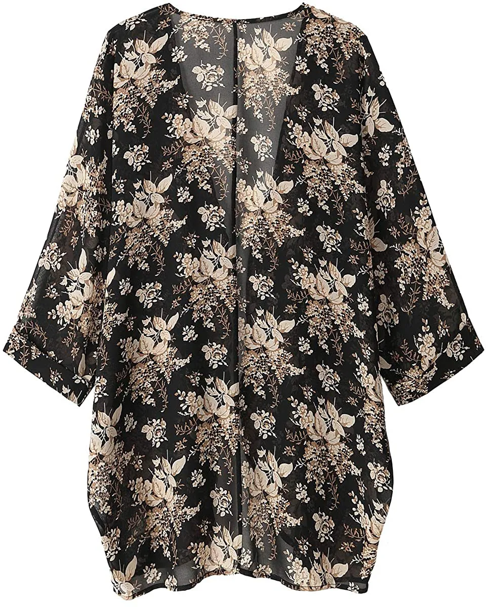 olrain Women's Floral Print Sheer Chiffon Loose Kimono Cardigan Capes