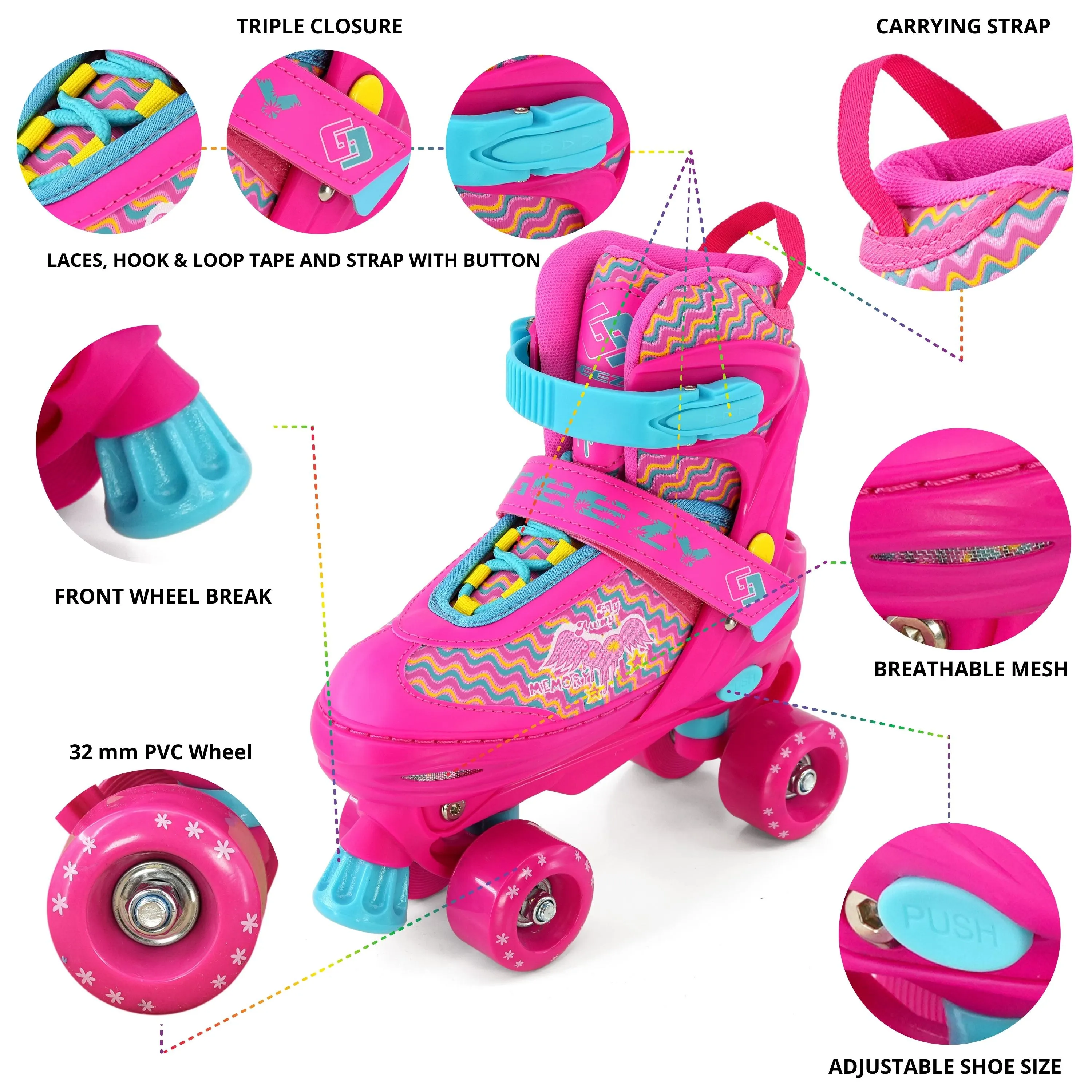 Pink Roller Skates for Kids with 4 Wheel Adjustable Sizes