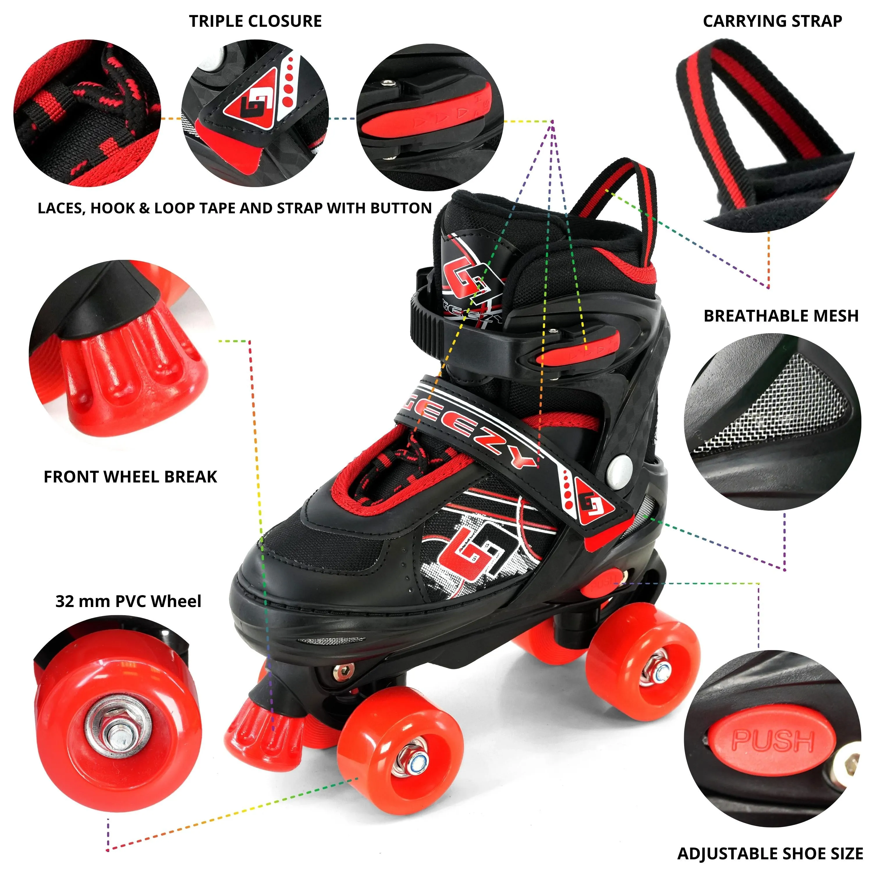 Red and Black Roller Skates for Kids with 4 Wheel