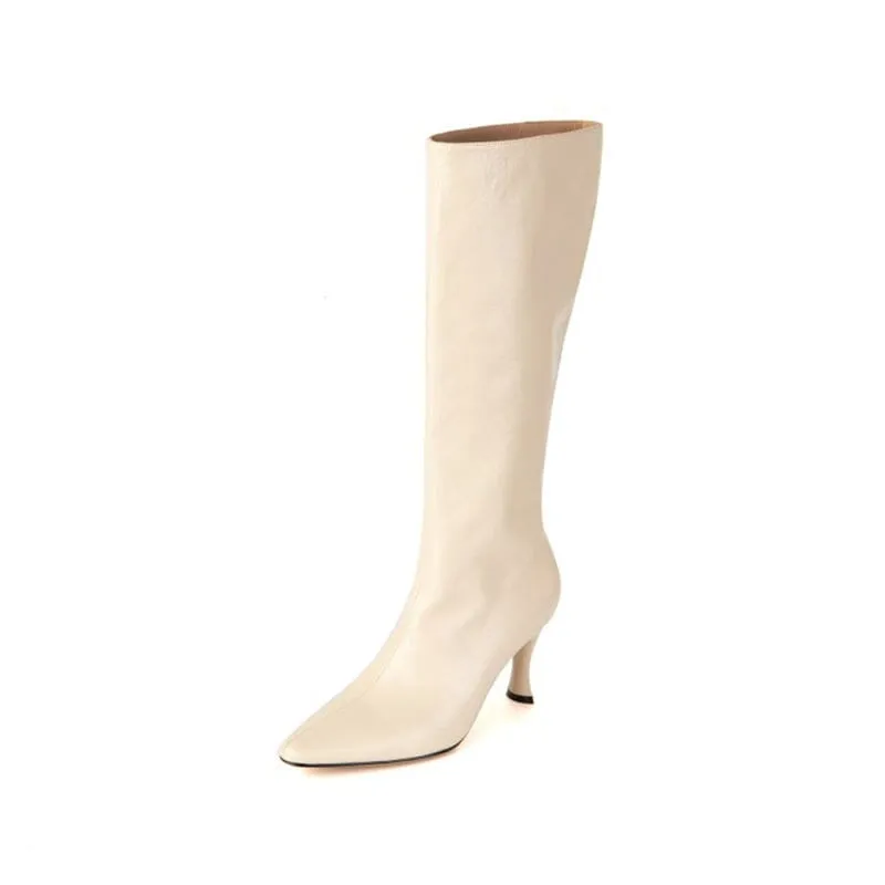 Sculptural Heel Leather Tall Boots in Nude/Black/ Grey