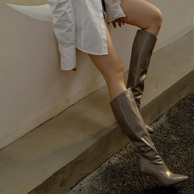 Sculptural Heel Leather Tall Boots in Nude/Black/ Grey