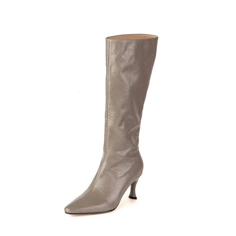 Sculptural Heel Leather Tall Boots in Nude/Black/ Grey