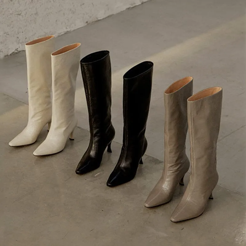 Sculptural Heel Leather Tall Boots in Nude/Black/ Grey