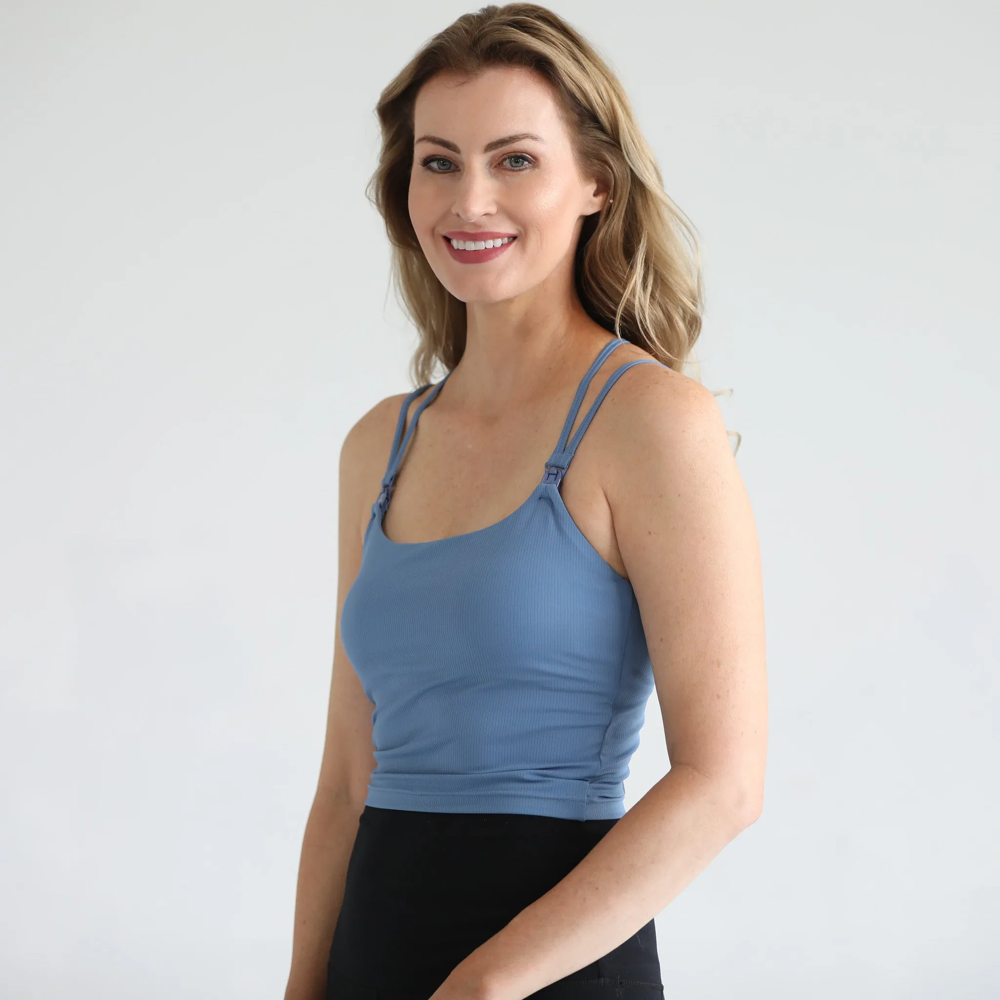 Sienna - Light Support Nursing Crop Tank Bra (Ribbed Ocean Blue)