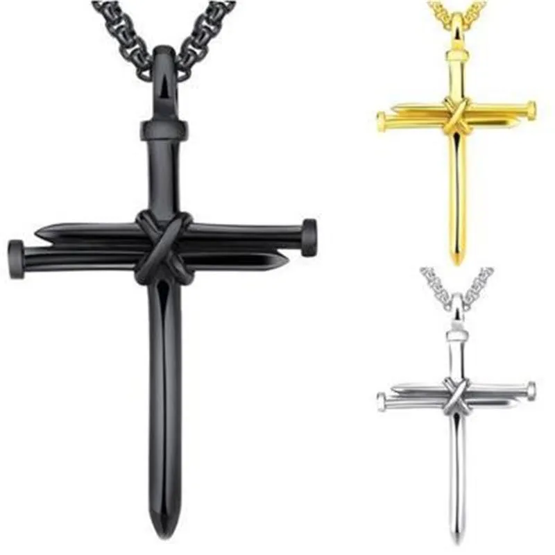 Steel/ Gold /Black Fashion  Iron Nail Cross Pendant Necklace - Stainless Steel - 3mm Round