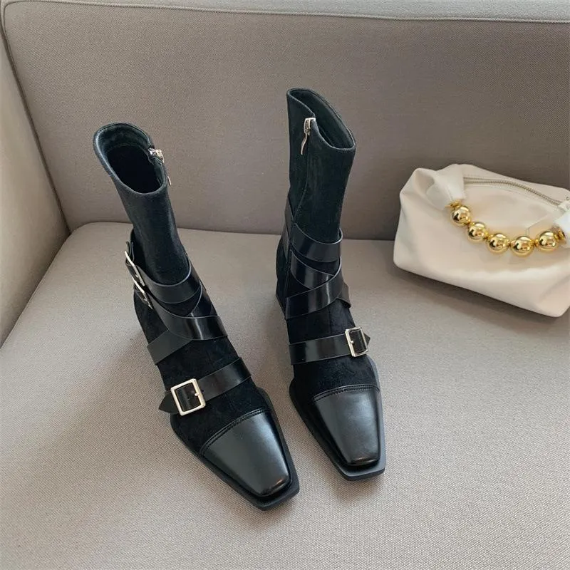 Straps Square Toe Sock Ankle Boot Buckle Detail Strappy Boots