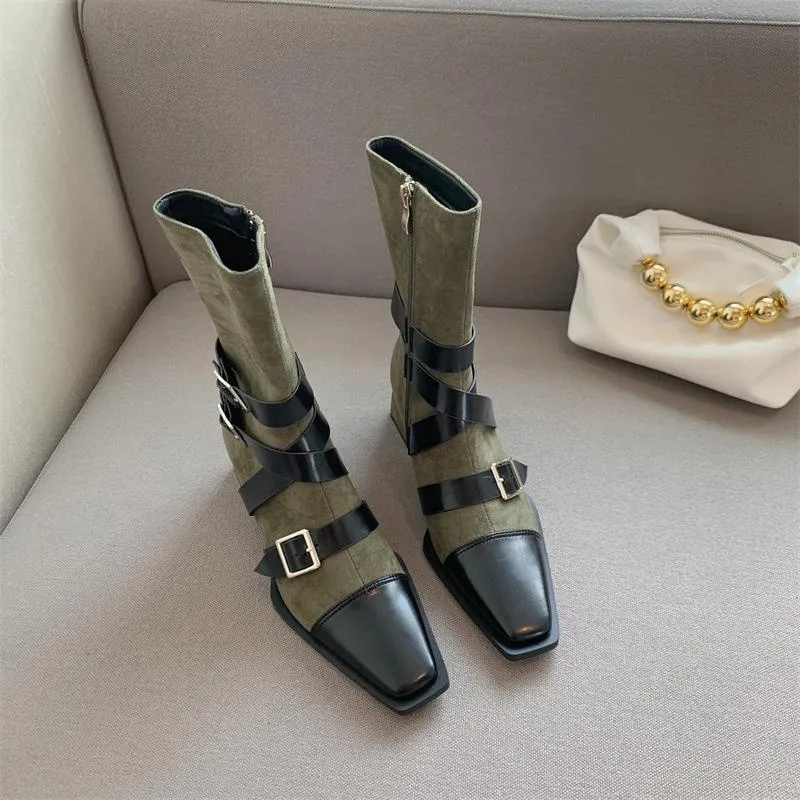 Straps Square Toe Sock Ankle Boot Buckle Detail Strappy Boots