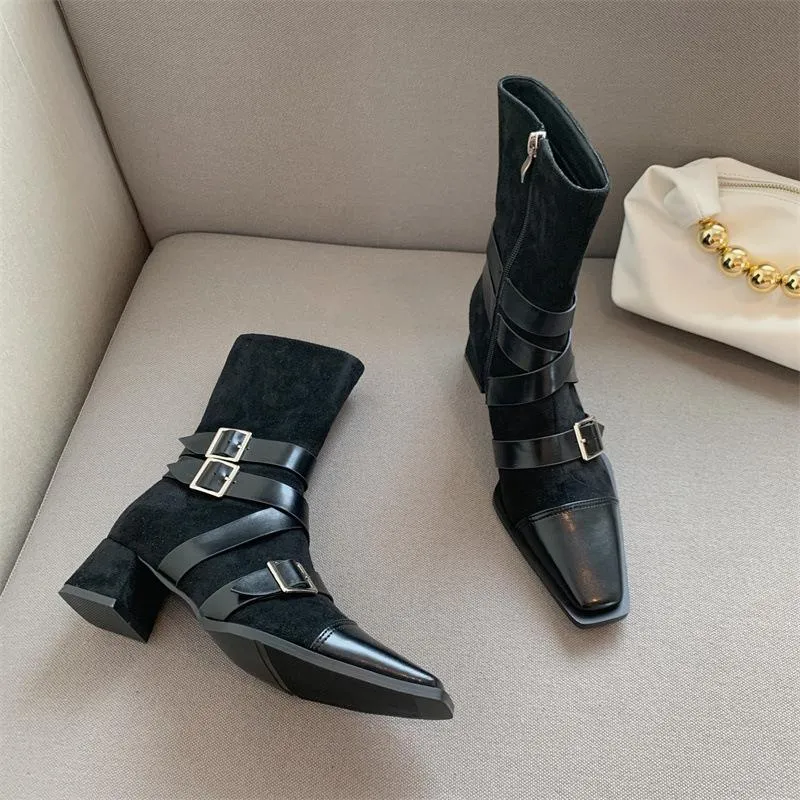 Straps Square Toe Sock Ankle Boot Buckle Detail Strappy Boots