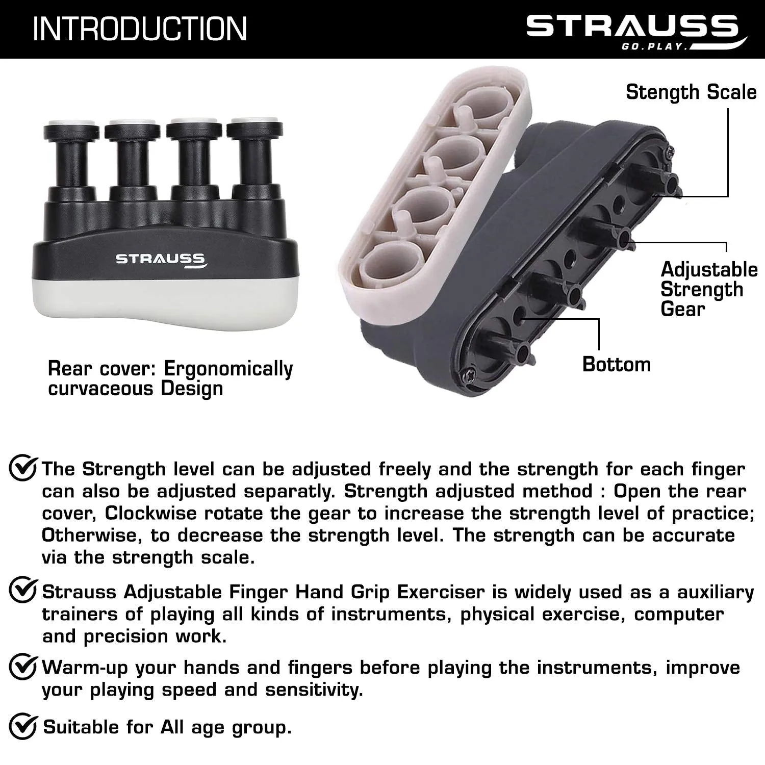 Strauss Adjustable Finger Hand Grip, (Green) Hand Grip Strengthener Strengthens Fingers, Hands, Wrists and Forearms - Best for Climbing, Golf & Tennis Grip Power (Hand Grip   Wrist Exerciser Combo 5)