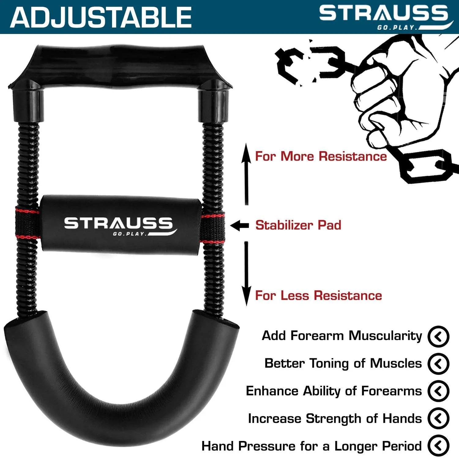 Strauss Adjustable Finger Hand Grip, (Green) Hand Grip Strengthener Strengthens Fingers, Hands, Wrists and Forearms - Best for Climbing, Golf & Tennis Grip Power (Hand Grip   Wrist Exerciser Combo 5)