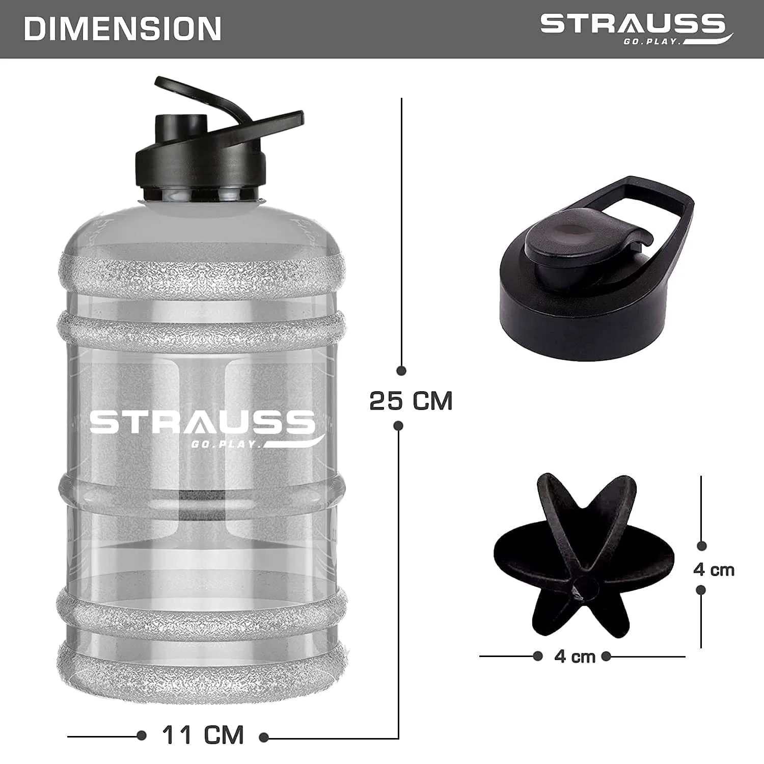 STRAUSS Gallon Shaker Water Bottle 1.5L with Mixer Ball, (Transparent, White Shade), (Pack of 2)