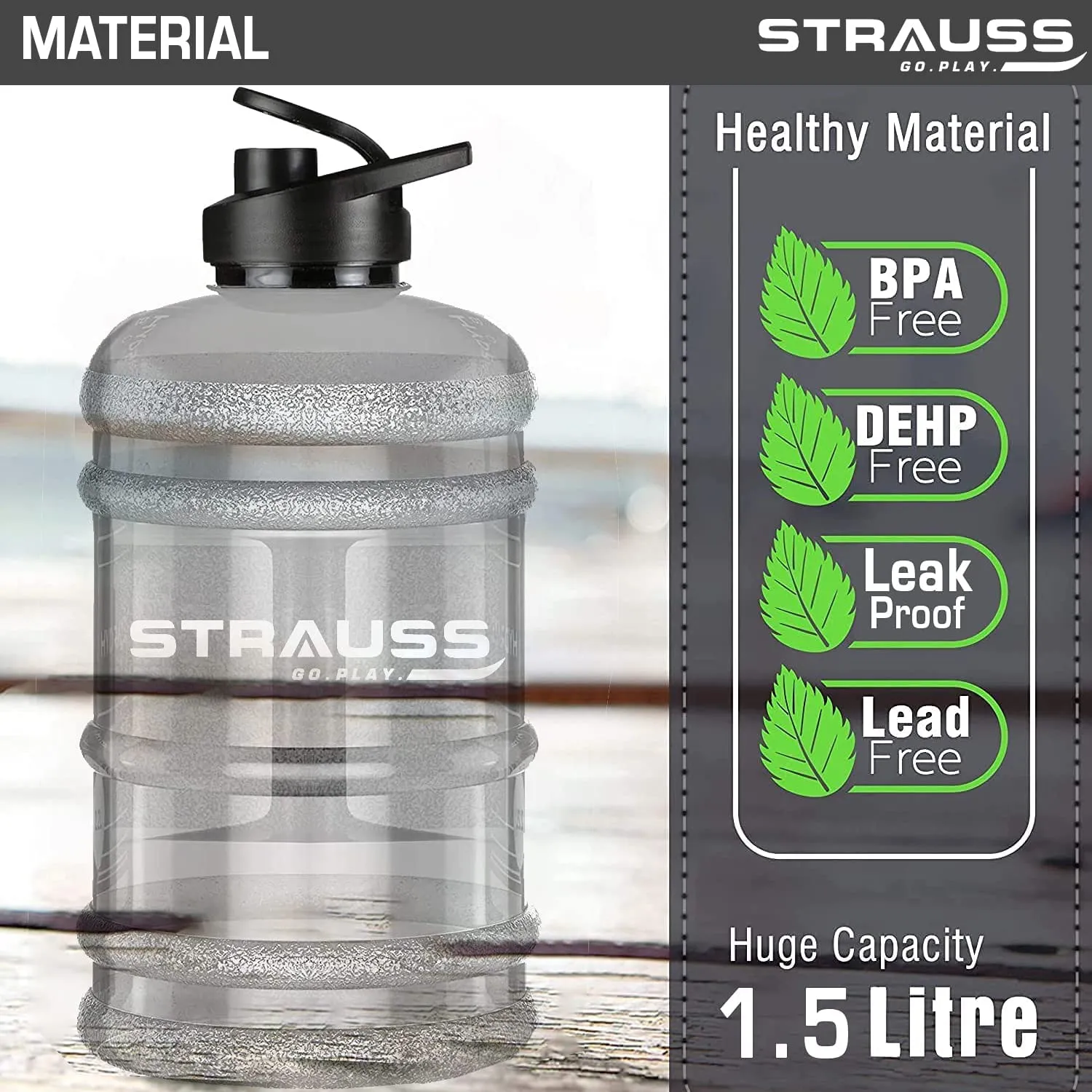 STRAUSS Gallon Shaker Water Bottle 1.5L with Mixer Ball, (Transparent, White Shade), (Pack of 2)