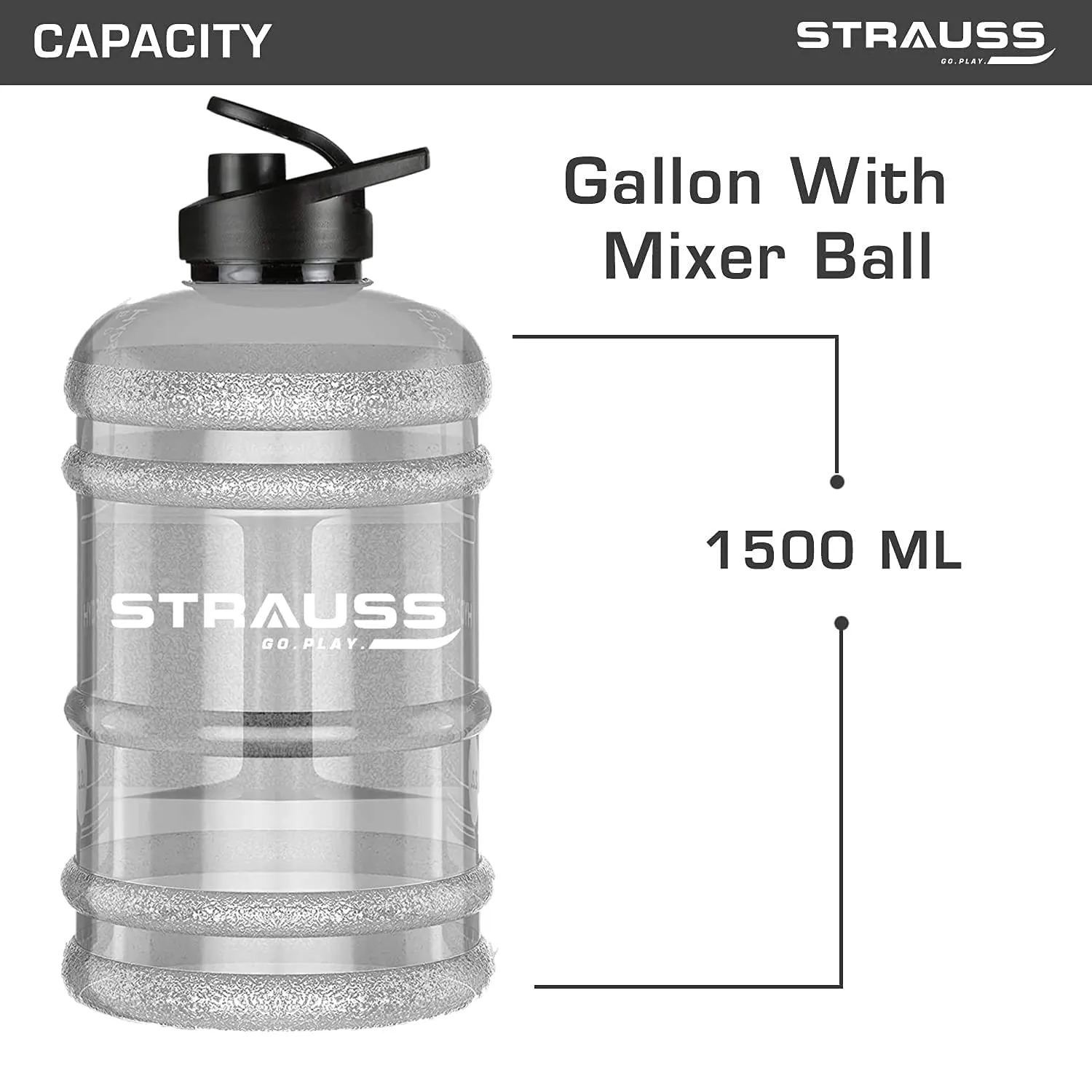 STRAUSS Gallon Shaker Water Bottle 1.5L with Mixer Ball, (Transparent, White Shade), (Pack of 2)