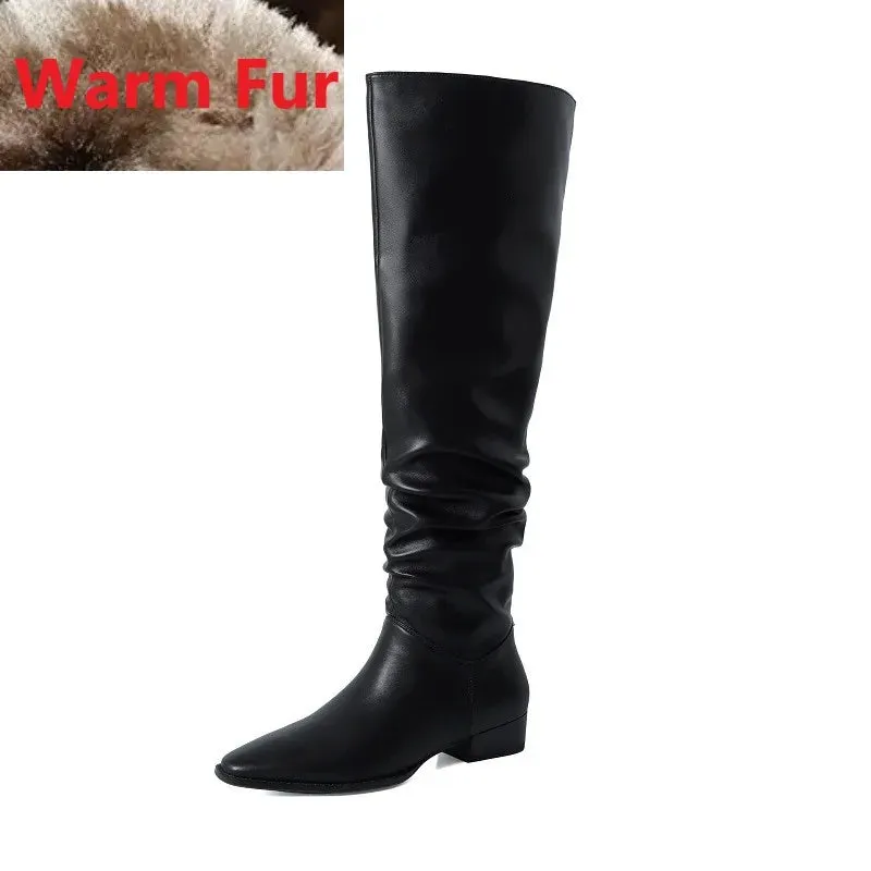 TAVIMART  -  Hot Girls Knee- High Boots Slip On Simple Pleated Microfiber Winter Botas Big Girth Spring Autumn Modern Woman Boots Size 43