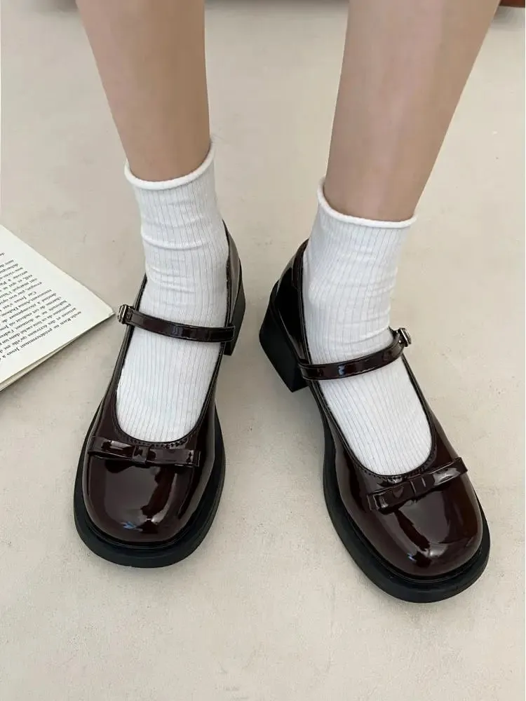 TAVIMART  -  Kawaii Bowknot Round Toe Mary Jane Pu Leather Shoes Women's Retro High-heel 6cm Buckle Jk Uniform Women Shoes Tea Party