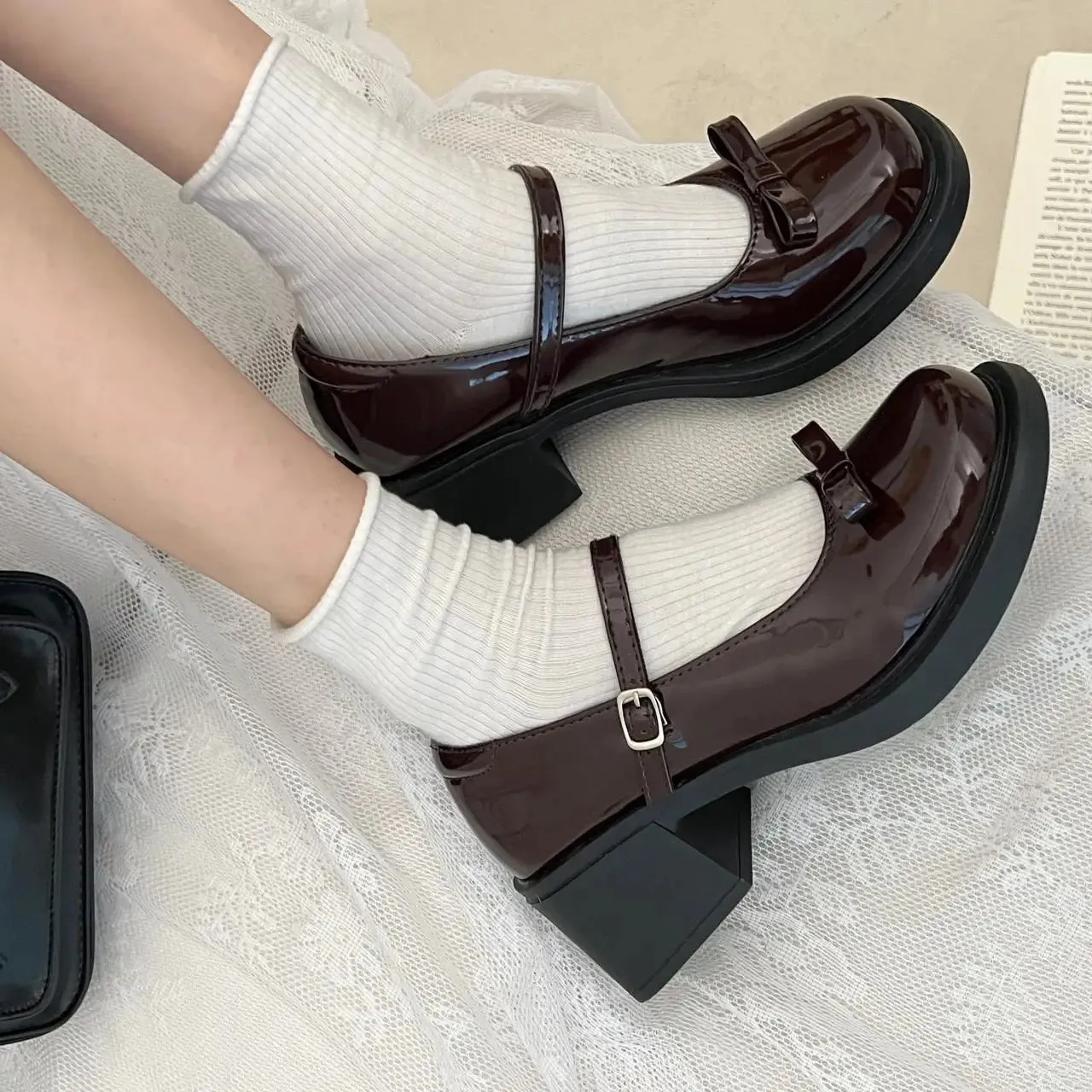 TAVIMART  -  Kawaii Bowknot Round Toe Mary Jane Pu Leather Shoes Women's Retro High-heel 6cm Buckle Jk Uniform Women Shoes Tea Party