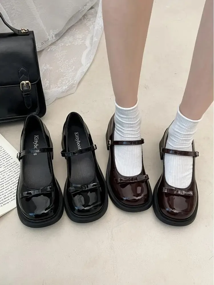 TAVIMART  -  Kawaii Bowknot Round Toe Mary Jane Pu Leather Shoes Women's Retro High-heel 6cm Buckle Jk Uniform Women Shoes Tea Party