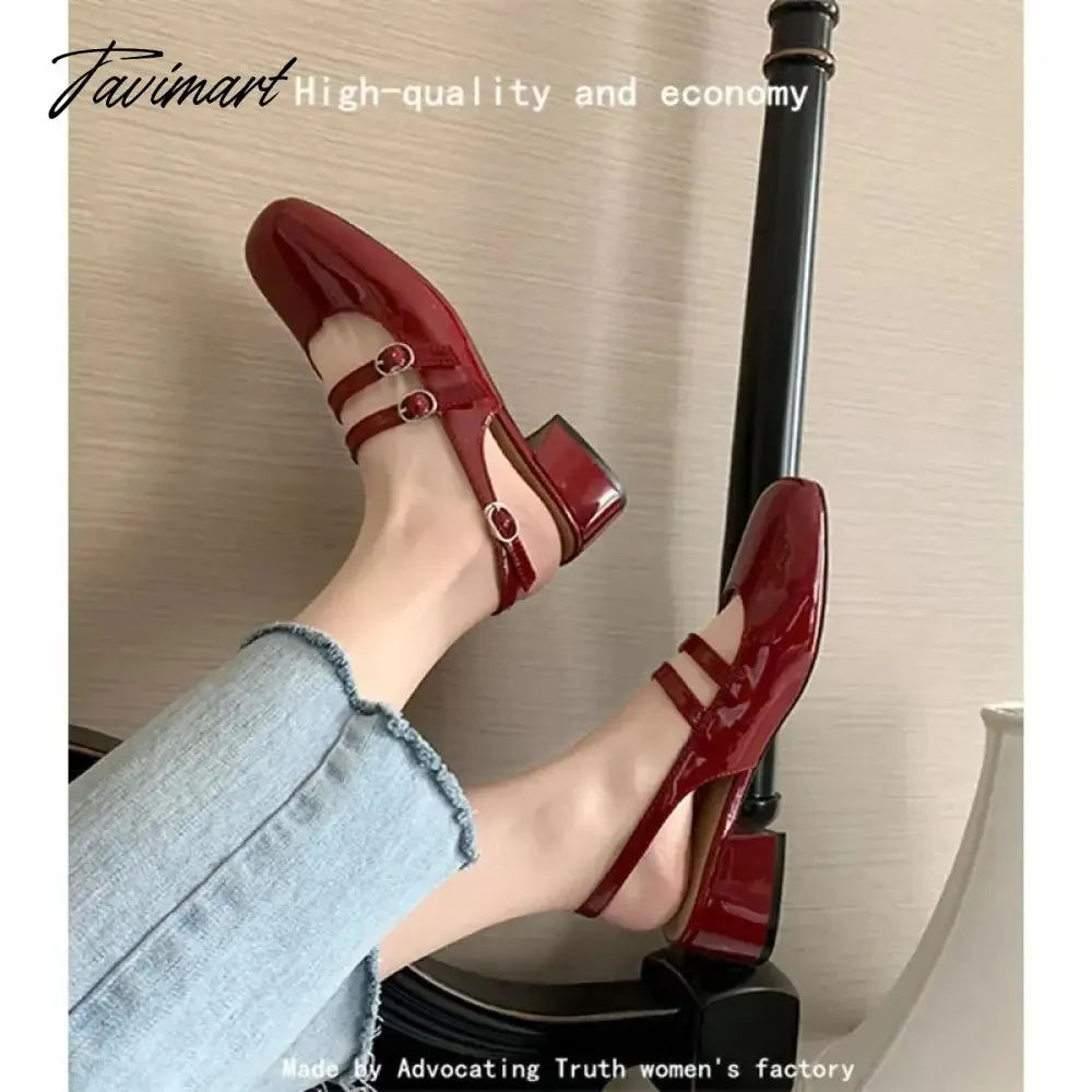 Tavimart Red retro style thick heeled Mary Jane shoes, medium heeled soft leather single shoes