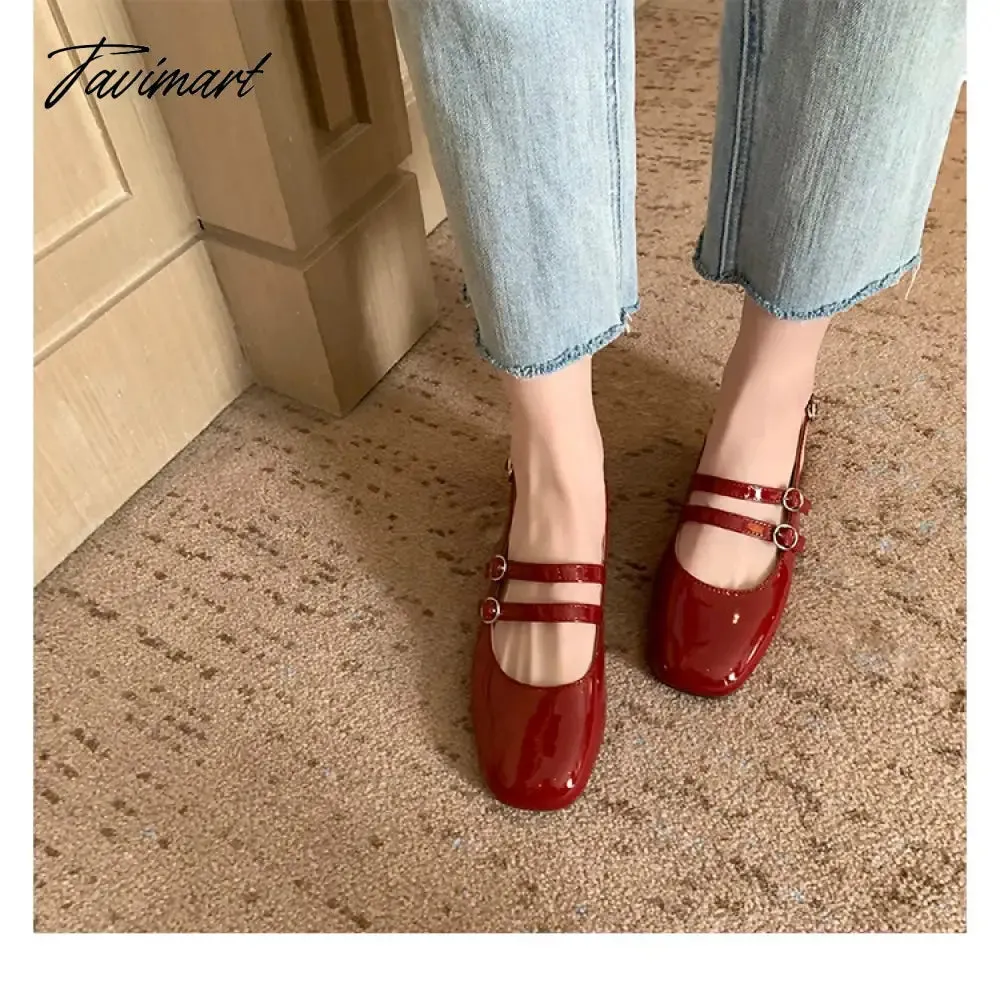 Tavimart Red retro style thick heeled Mary Jane shoes, medium heeled soft leather single shoes