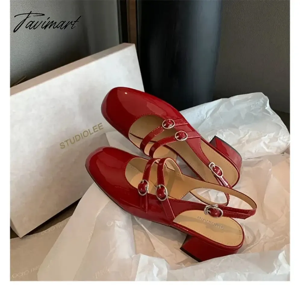 Tavimart Red retro style thick heeled Mary Jane shoes, medium heeled soft leather single shoes