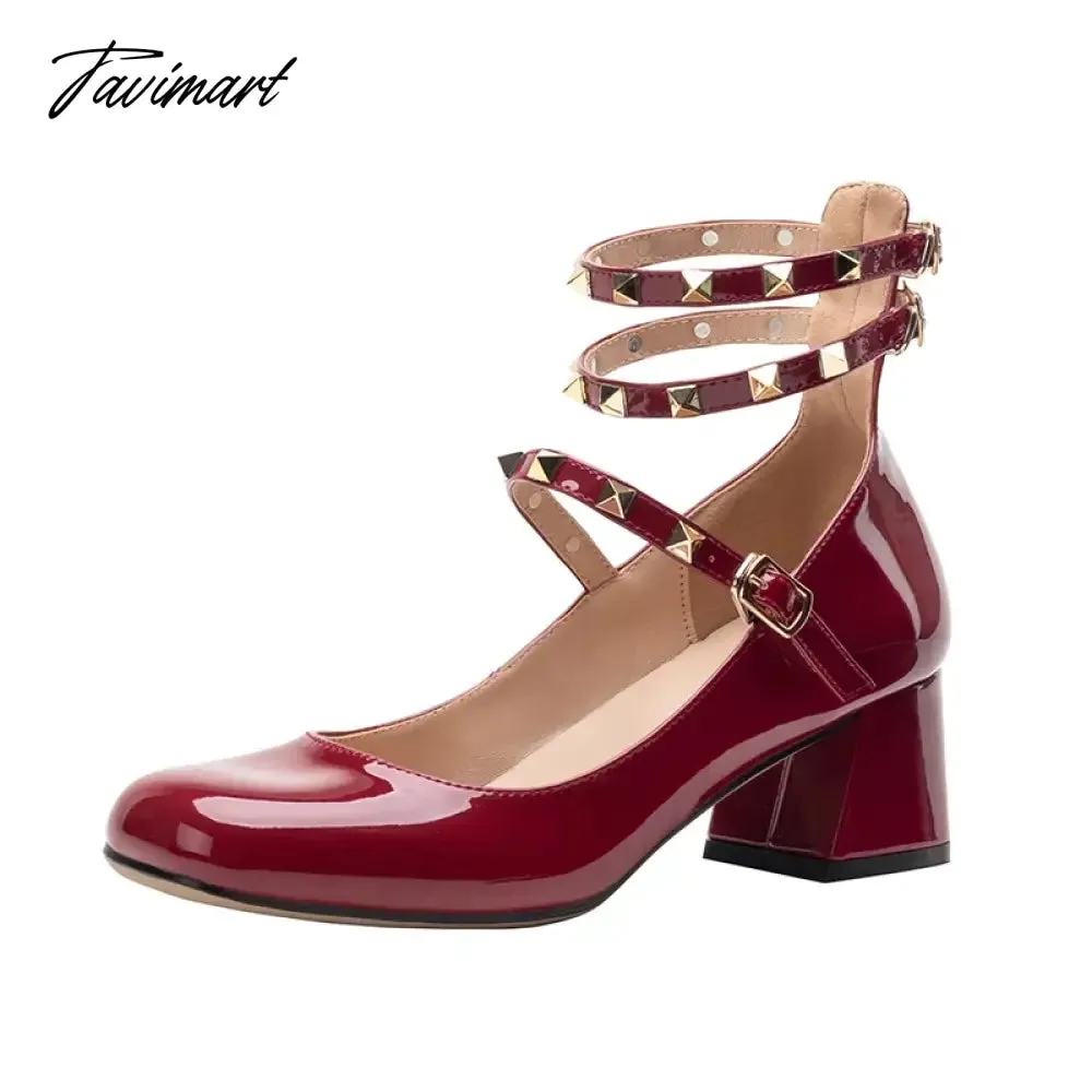 Tavimart Riveted thick heeled small leather shoes for women's retro burgundy medium heeled square toe shallow cut Mary Jane single shoes