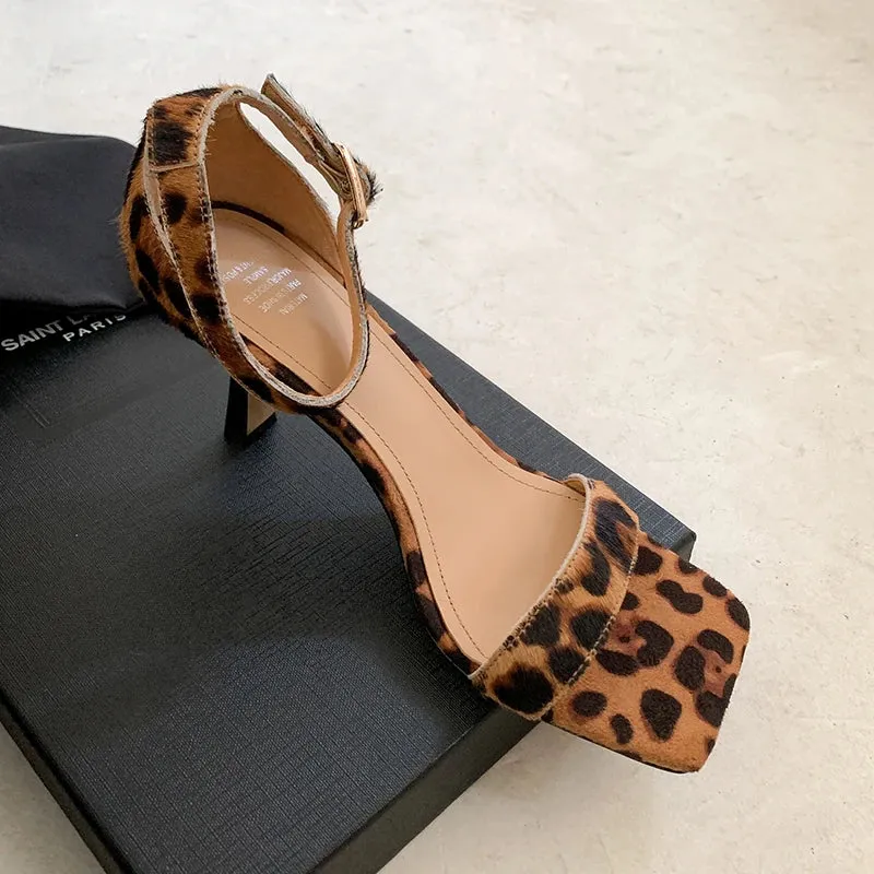 TAVIMART  -  Women Summer Shoes Horsehair Sandals Narrow Band Women's One Strap Buckle Shoes Open Toe Cover Heel Ladies Daily Leopard Shoes