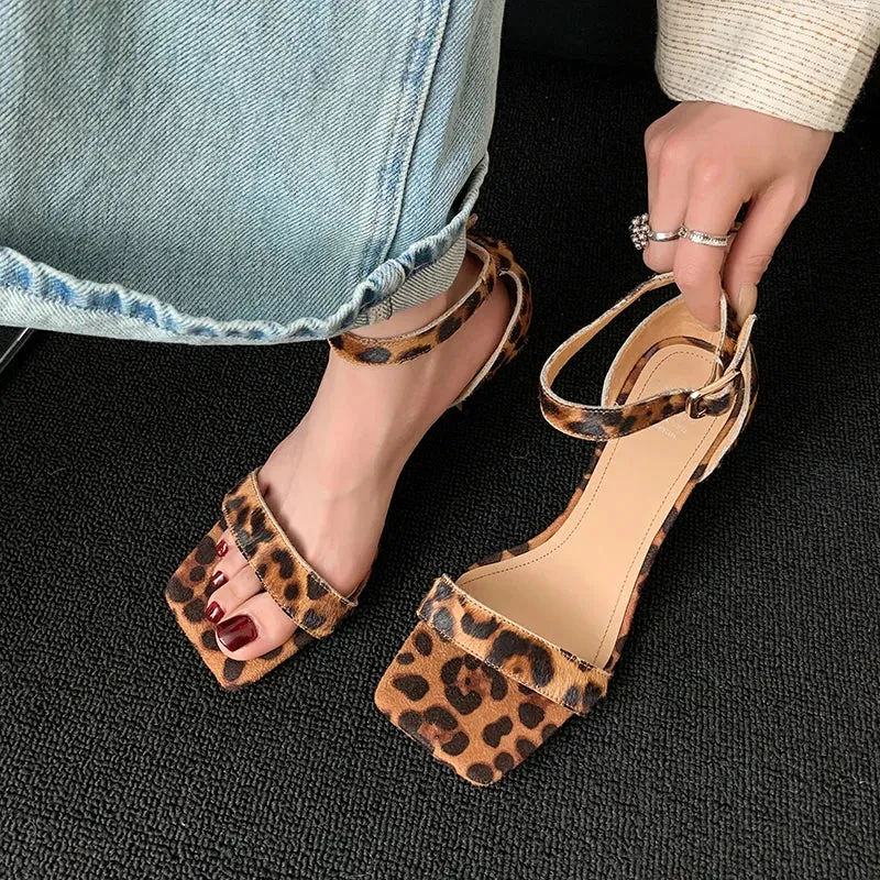 TAVIMART  -  Women Summer Shoes Horsehair Sandals Narrow Band Women's One Strap Buckle Shoes Open Toe Cover Heel Ladies Daily Leopard Shoes