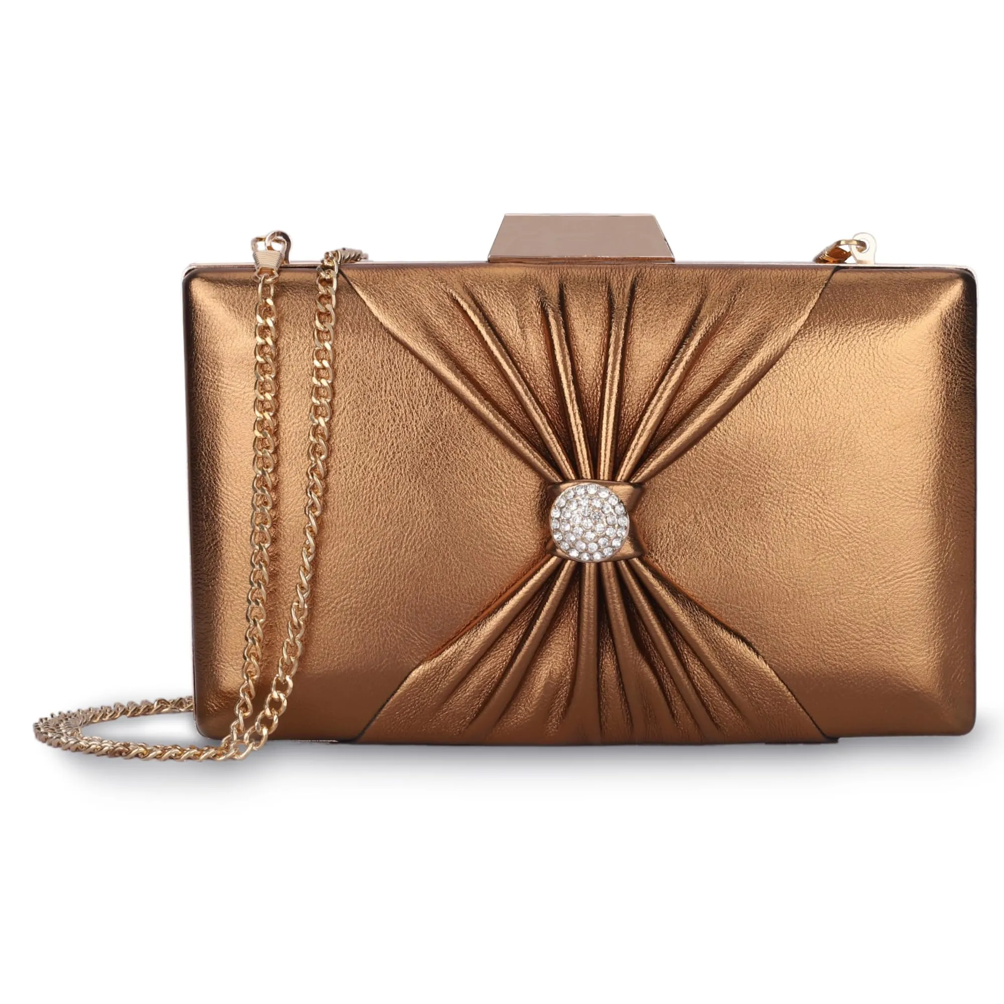 THE CLOWNFISH Ritzy Collection Faux Leather Womens Party Clutch Ladies Wallet with Chain Strap Evening Bag with Fashionable Button Closure (Golden)