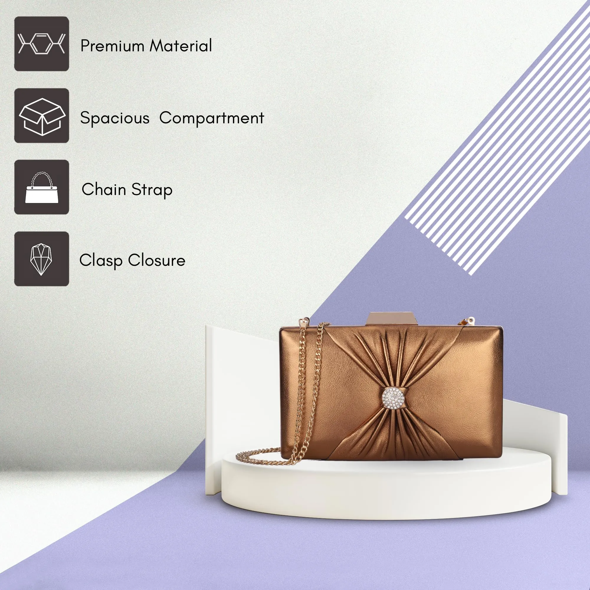 THE CLOWNFISH Ritzy Collection Faux Leather Womens Party Clutch Ladies Wallet with Chain Strap Evening Bag with Fashionable Button Closure (Golden)