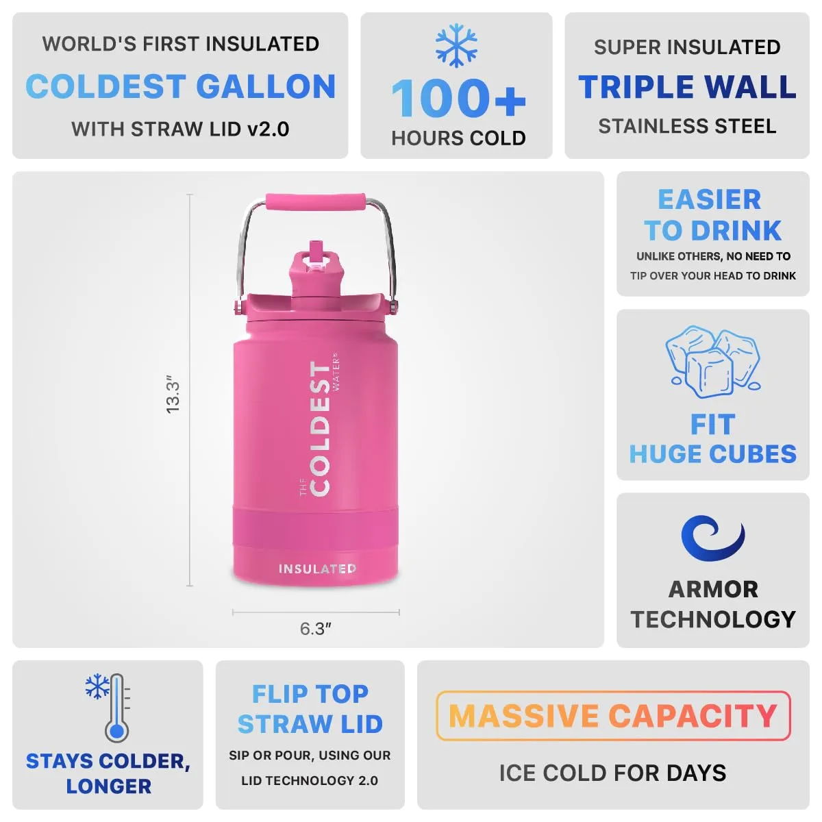 The Coldest Water Vacuum Insulated Stainless Steel One Gallon Jug with Flip Top Straw Lid 2.0-128 oz Super Insulated Water Bottle (1 Gallon - Pink)