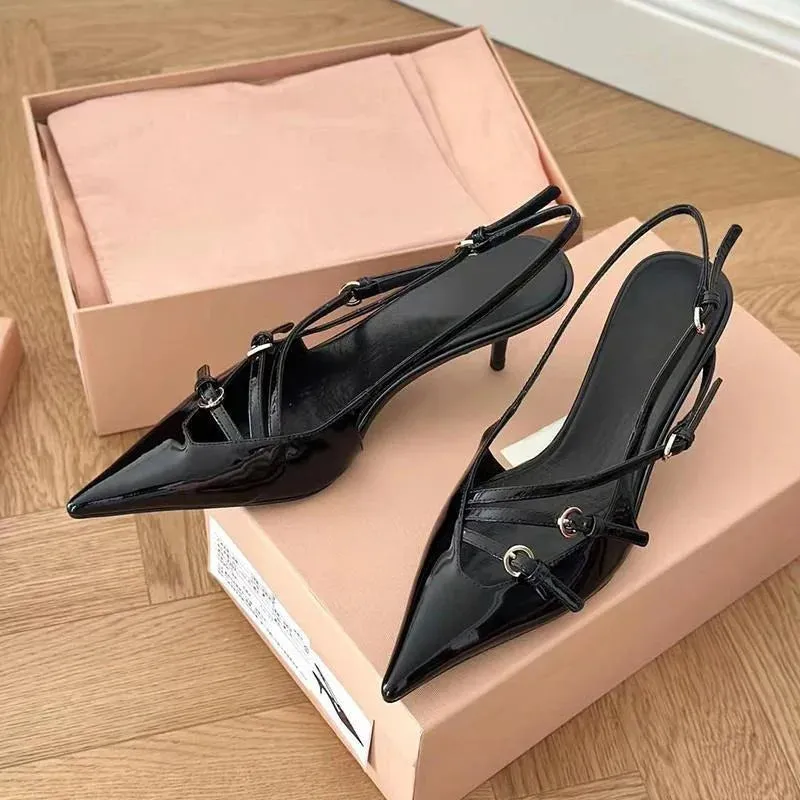 Uniwim 2024 Summer New High Heels, Women's Sexy Hollow Black Silk Pointed One-line Buckle Skinny Heel Sandals, Women's Shoes