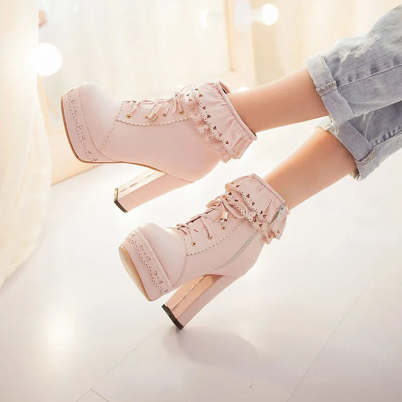 Uniwim Lace up Flower Heels Boots SE5113