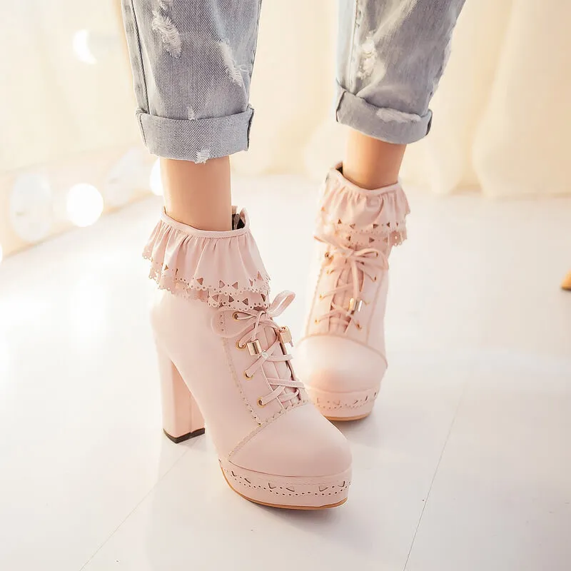 Uniwim Lace up Flower Heels Boots SE5113