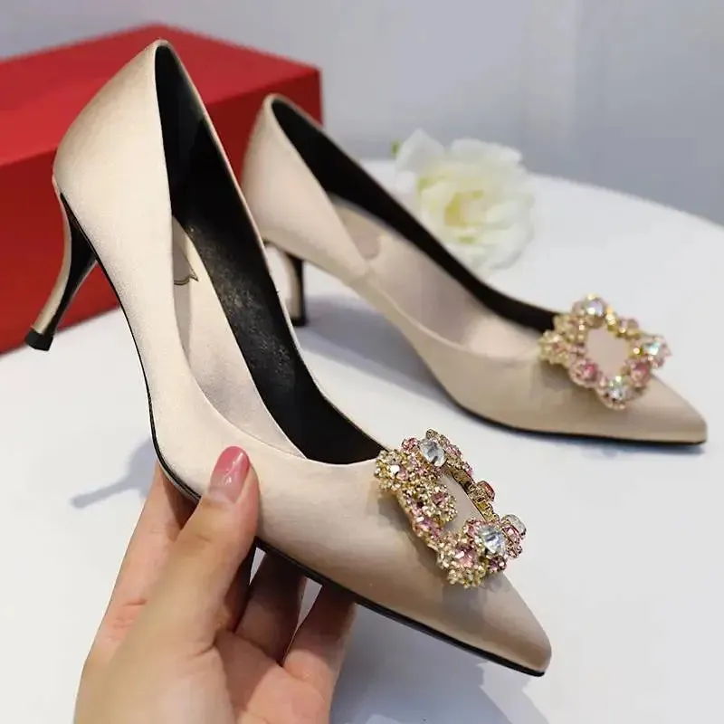 Uniwim Luxury Rhinestone Pointed Toe Stiletto Heel Women Satin Designer Dress Shoes Ladies Elegant Crystal Wedding Bridal Shoes Pumps