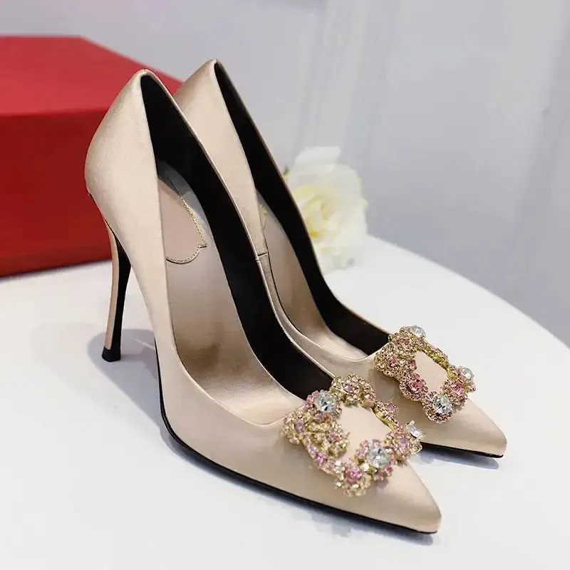 Uniwim Luxury Rhinestone Pointed Toe Stiletto Heel Women Satin Designer Dress Shoes Ladies Elegant Crystal Wedding Bridal Shoes Pumps