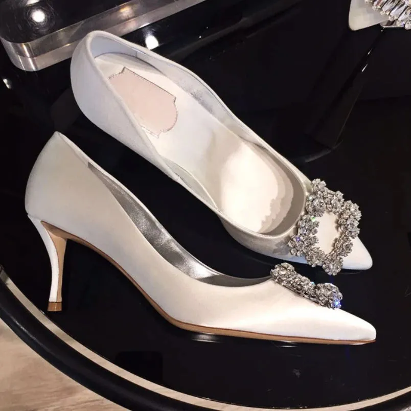 Uniwim Luxury Rhinestone Pointed Toe Stiletto Heel Women Satin Designer Dress Shoes Ladies Elegant Crystal Wedding Bridal Shoes Pumps