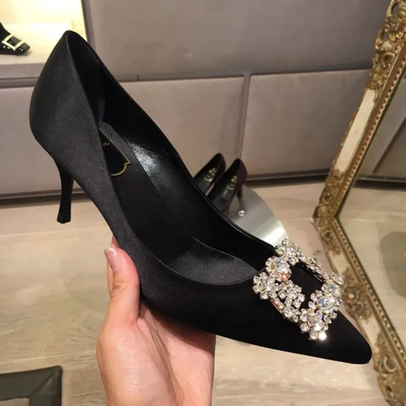 Uniwim Luxury Rhinestone Pointed Toe Stiletto Heel Women Satin Designer Dress Shoes Ladies Elegant Crystal Wedding Bridal Shoes Pumps