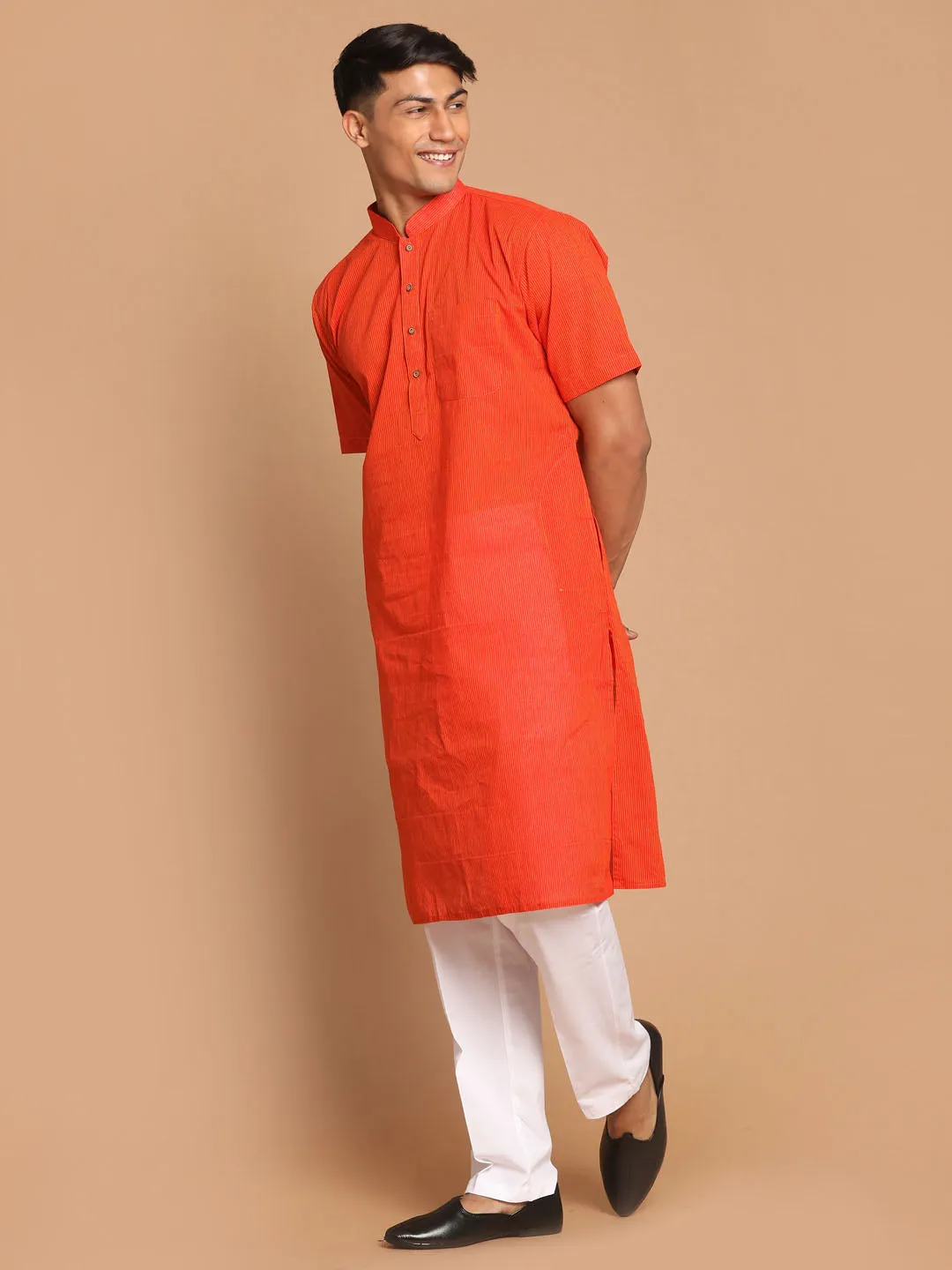 VASTRAMAY Orange Striped Cotton Kurta Set