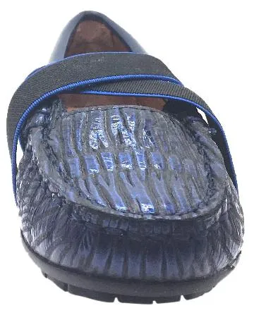 Venettini Girl's Daisy Cobalt Blue Cracked Embossed Leather with Criss-Cross Elastic Strap Moccasin Shoe