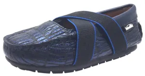 Venettini Girl's Daisy Cobalt Blue Cracked Embossed Leather with Criss-Cross Elastic Strap Moccasin Shoe