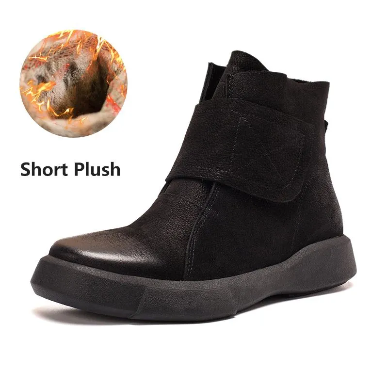 Waxing Leather Martin Boots Velcro Ankle Boots Leather and  Short Plush For Choice Black/Coffee