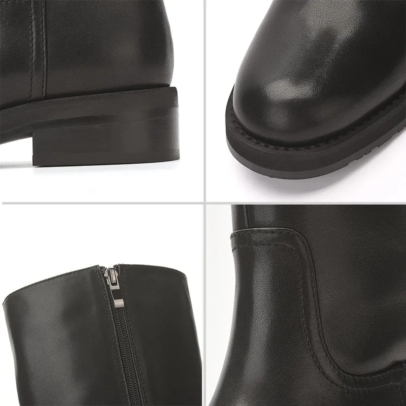 Wide Fit Handmade Leather Knee High Boots Side Zip Riding Boots in Black Short Plush Lining