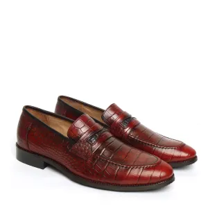 Wine Croco Print Leather Mod Look Loafers by Brune & Bareskin