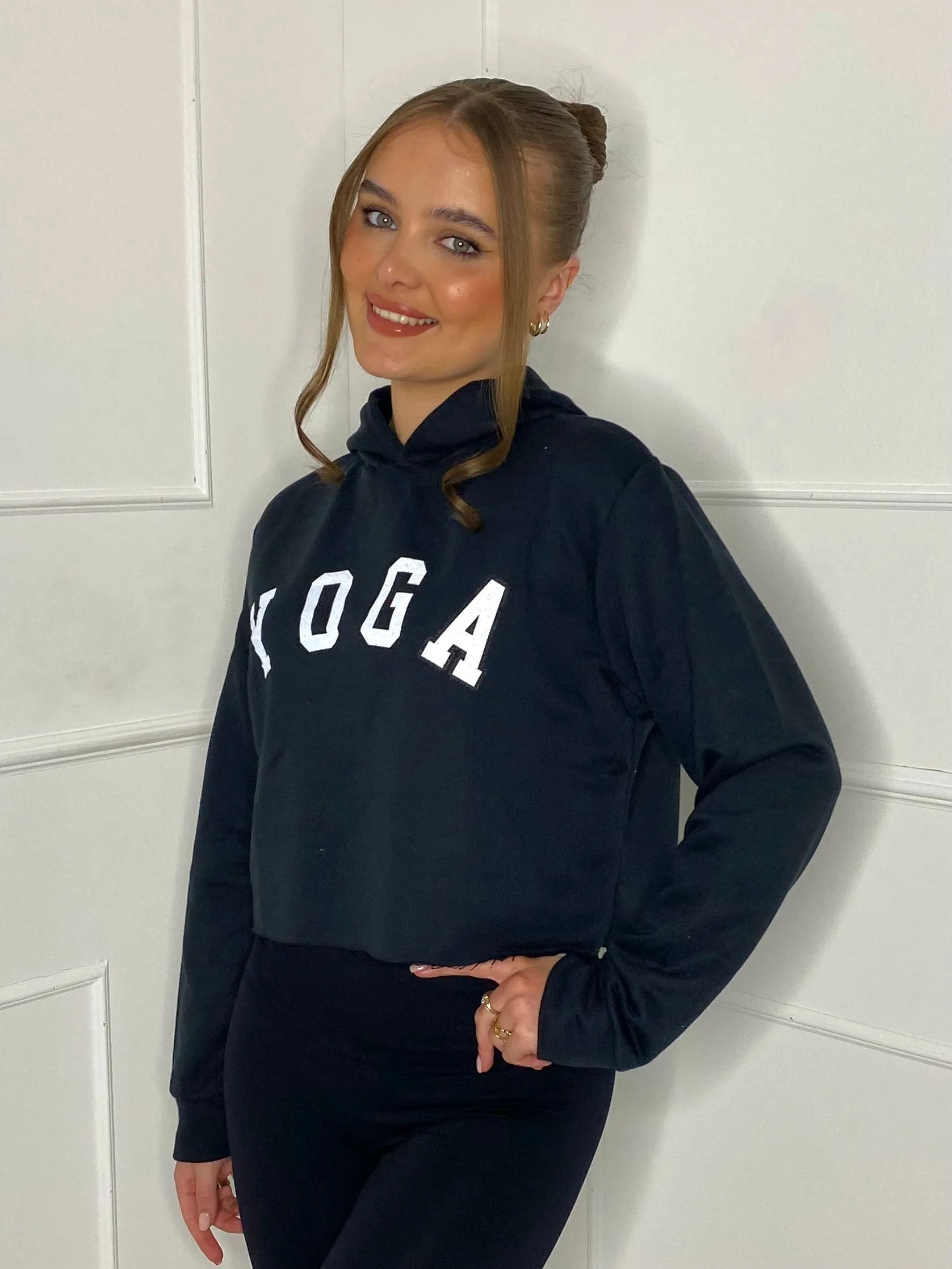 Yoga Print Cropped Hoodie - Black