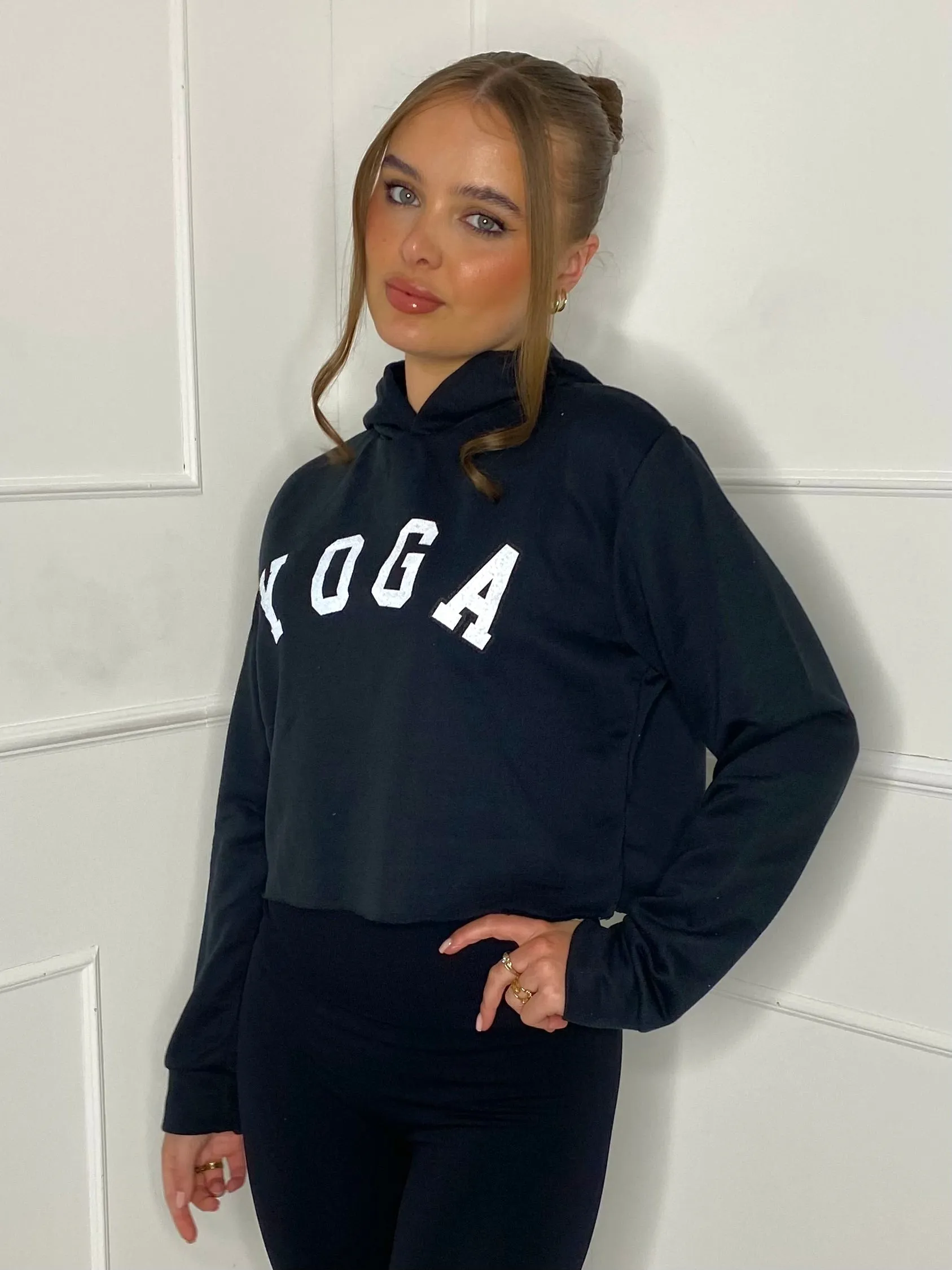 Yoga Print Cropped Hoodie - Black